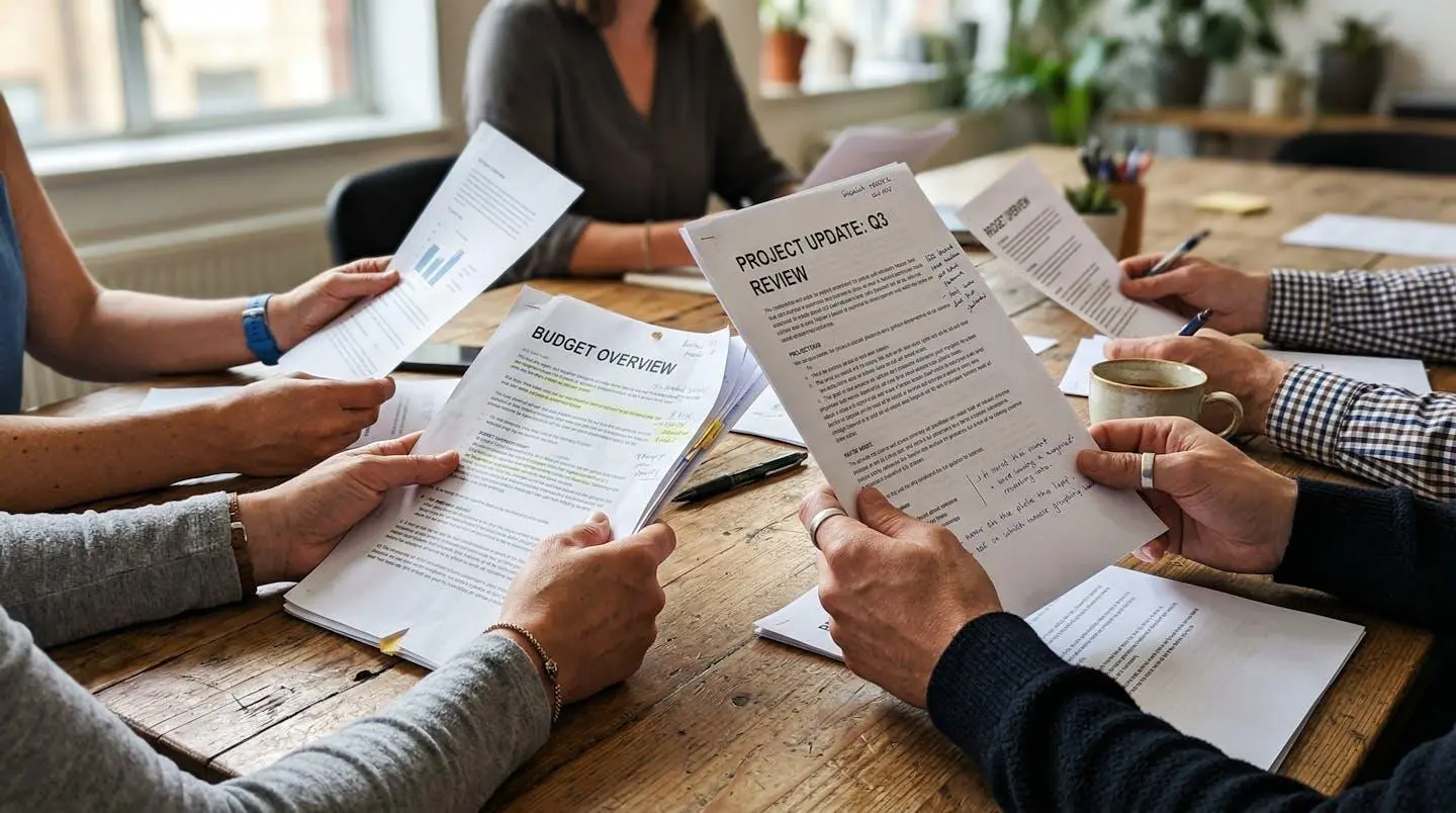 Gros plan sur des mains tenant des documents et stylos autour d'une table de réunion, visages hors cadre