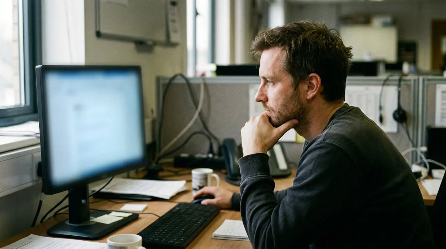 Personne vue de trois-quarts arrière consultant un écran d'ordinateur avec tableaux de chiffres, bureau classique