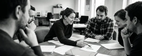Plusieurs personnes assises autour d'une table de réunion avec documents, dans une salle sobre aux murs blancs
