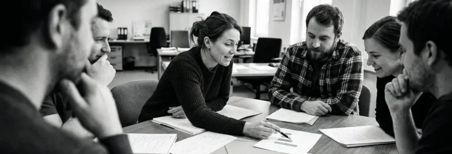 Plusieurs personnes assises autour d'une table de réunion avec documents, dans une salle sobre aux murs blancs